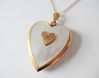 Vintage Gold Locket Vintage Heart shaped Locket Gold filled locket and chain Vintage Heart Locket Art Deco Locket 1940s Mother of pearl