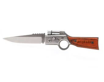 Engraved Gun Shaped Knife with LED Light, Pocket Knife, Folding Knife, Groomsmen Gift, Groomsman, Best Man Gift, Gift for him.