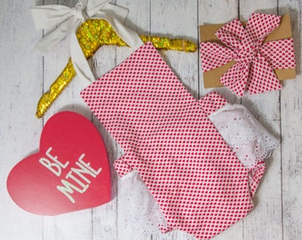 Baby Girl Romper, red heart romper and head wrap set, Valentines day romper, girls valentines outfit, red hearts and white eyelet romper