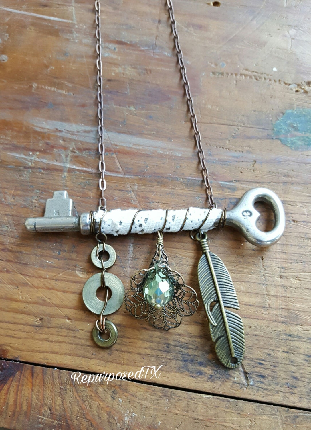 Vintage skeleton key necklace shabby chic copper jewelry