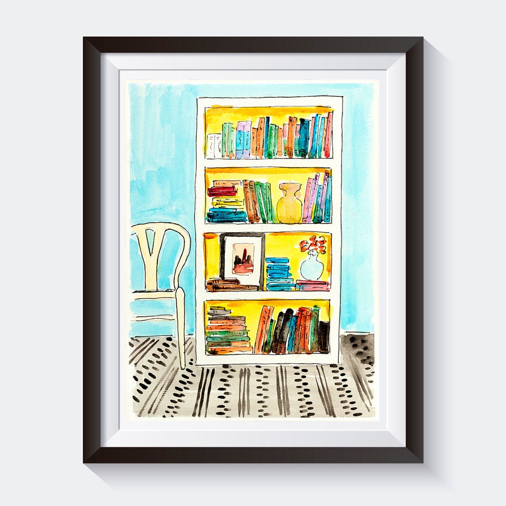Painting Bookshelf and chair. Modern art books. Wall art