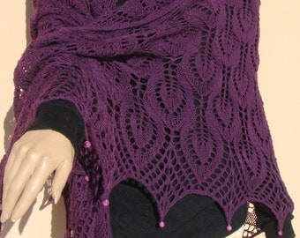 purple hand knitted shawl, Estonian lace shawl, purple lace shawl, purple wrap, shawl with beads