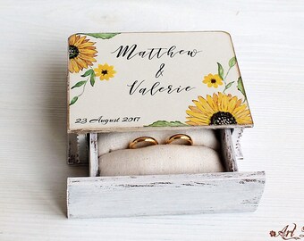 Sunflower ring box, ring bearer box, Watercolor box, ring box, custom holder, personal box, Sunflower Wedding, wedding ring holder