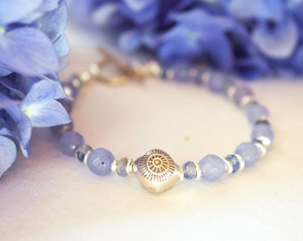 Blue Chalcedony and Kyanite Beaded Bracelet with Thai Hilltribe Silver Beads and Clasp