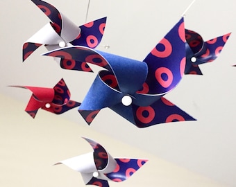 Twist 1 - Phish inspired pinwheel baby mobile / Navy, Gray & Red / nursery decor / baby shower gift / Donut baby mobile / Phish Baby