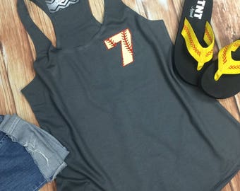 Softball Mom. Softball Tank. Custom Softball Tank. Neon Yellow Glitter Number. Red Glitter Stiching. Racerback Fit Tank. Charcoal Tank.