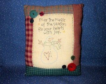 Snowman Pillow, Snowman, Stitchery Pillow, Christmas Decor, Primitive Pillow, Winter Decor