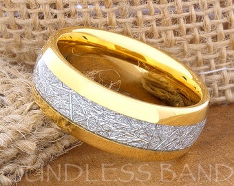 Tungsten Wedding Ring Band Meteorite Ring Mens Women's Wedding Ring Anniversary Ring Dome 8mm Yellow Gold 18k Matching Ring Set Perfect Gift