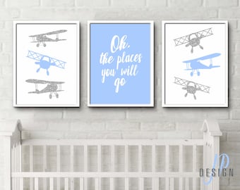 Travel Theme aeroplane nursery bi planes baby blue grey white Oh the places you'll go print - custom colours and sizes