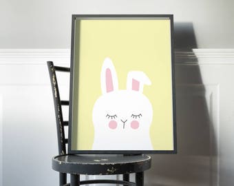 white bunny rabbit kids art print // girls room art print // kids wall art // baby girl print // yellow and white bunny rabbit illustration