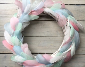 Whimsical pastel feather Christmas wreath