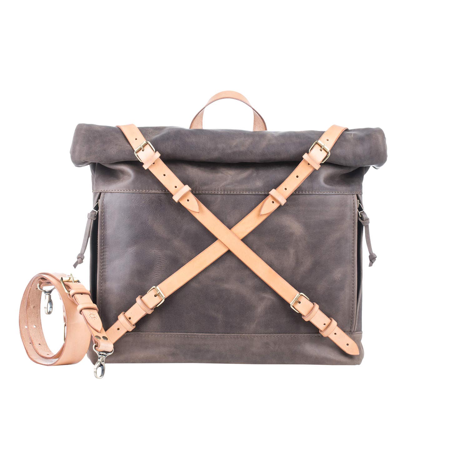 Messenger leather bag Roll top bag by Kruk Garage Brown