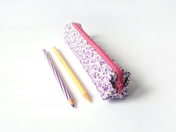 Small pencil case/zipper pouch with tiny flowers in purple and