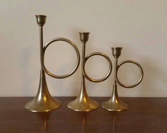 Vintage Set of Trumpet Candlesticks/ Brass Candlesticks/ Vintage Brass Trumpet Candle Holders/ Set of Three Brass Candlesticks/ Candlesticks