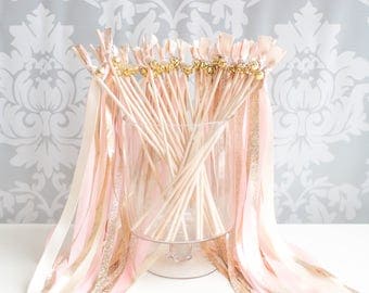 50 Wedding Wands, Wedding Send Off Streamers, Ribbon Wands, Double Ribbon Wedding Wands With Bells, Glitter Ribbon Wands, Blush Champagne