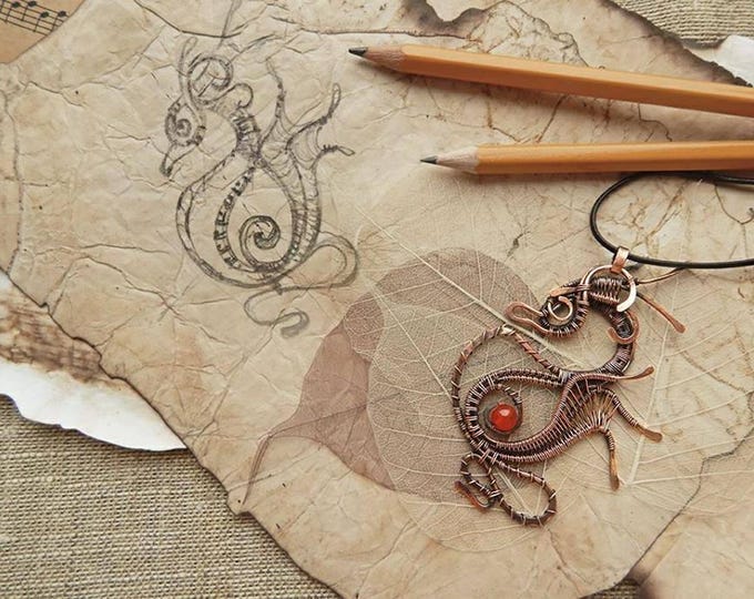 Dragon pendant with red cornelian, Sea horse silhouette, fantasy style, Copper wire winding, Natural stone necklace, Semi precious jewelry