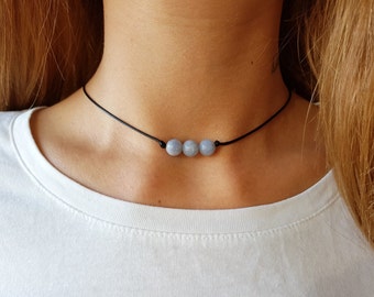 Aquamarine Choker, Gemstone Choker, Boho Choker, Bohemian Choker, Thin Black Choker, Black Choker, Choker Necklace, Simple Black Choker