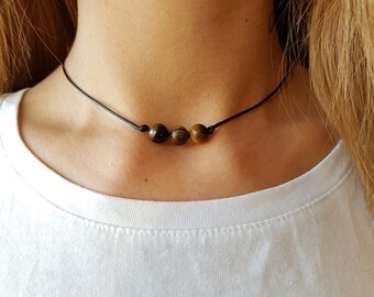Tigers Eye Choker, Gemstone Choker, Boho Choker, Bohemian Choker, Thin Black Choker, Black Choker, Choker Necklace, Simple Black Choker