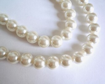 61 large white glass pearls, 13 mm bright white glass pearls, Long 32 inch strand with about 61 pearls