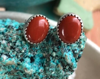 Red coral earrings, silver and coral earrings, vintage Native American Indian jewelry, HC hallmark, vintage coral jewelry