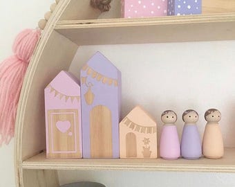 Happy Homes! Set of 3 Wooden Block Houses or Peg Doll Village