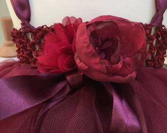 Deep Rich Burgundy tulle tutu flower girl dress with handmade tulle flowers.