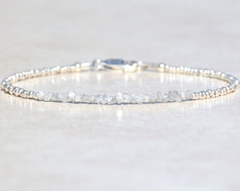 Diamond Bracelet, Genuine Raw Diamond Bracelet, Beaded April Birthstone, Sterling Silver, Delicate Rough Diamond Bracelet, Gift for Her
