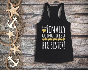 Finally big sister tank top;girl's black tank top;pregnancy announcement;big sister gold glitter;sibling shirt;big sister shirt;
