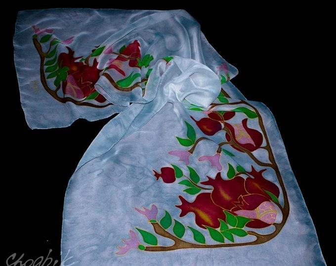 Hand Painted Silk Scarf - Batik, Armenian silk scarf - Pomegranates - Red, Grey, Green, Pink - Gift