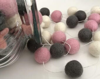 Pom pom garland, Felt ball garland, pink baby room decoration, Nursery Bunting, Baby shower, White, pink, grey garland, Nursery decoration