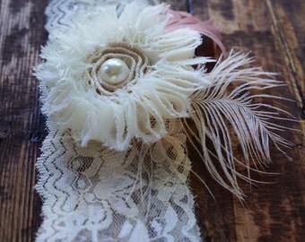Ivory Lace Headband with Ivory Flower Hair Clip with Feathers & Pearls, Shabby Chic Flower Alligator Hair Clip, Flapper Feather Headband