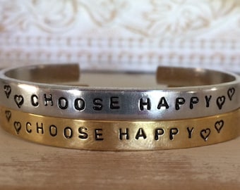 CHOOSE HAPPY, Personalized Cuff Bracelet Thin Stackable Custom Phrases Names Hand Stamped Jewelry Aluminum Brass Copper Personalized