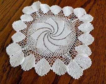 Crocheted Doily. Lace Doily. Small White Doily. Square Pinwheel Pattern Doily. Doily with Irish Crochet Lace Leaf Pattern Border RBT1118