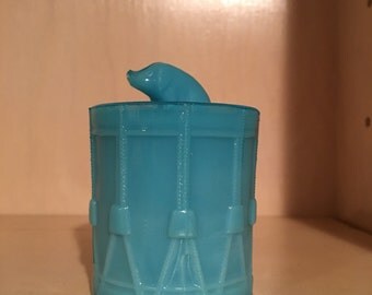 Vintage Portieux Vallerysthal Aqua Milk Glass Pig and Drum Base Dish