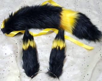 Umbreon Tail and Ear Cosplay set, Pokemon Eeveelution inspired, Anime, Yellow, Black, Faux Fur