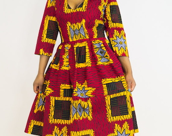 Ankara Dress, Mixed Print Ankara Dress, ankara midi dress, patterned dress, ankara clothing, african clothing