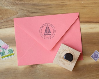 Return Address Stamp - Custom Rubber Stamp - Christmas Gifts - Gift for Her - Housewarming Gift - Round Circle - Sailboat - Boating Gift