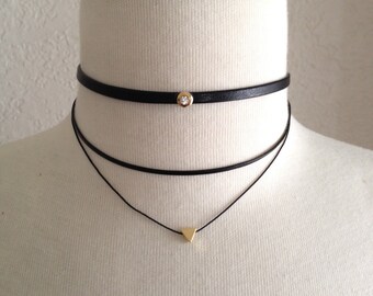Choker Necklace,Black Choker Necklace,Tiny Triangle Choker,Tiny Charm Choker,Multiple Layered Choker Necklace,Tiny Triangle Gold Choker