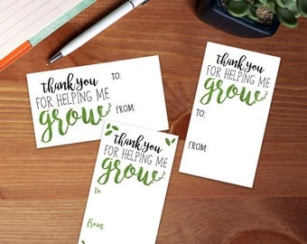 Digital Printable Gift Tags - Set of 3 Designs - Thank You For Helping Me Grow Leaf Plants Nature Pun School Teacher Gifts Plant Puns Thanks