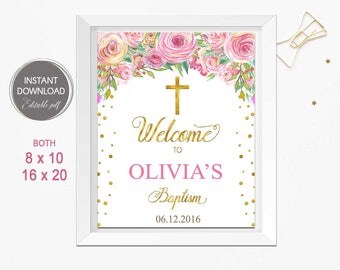 Baptism welcome sign, baptism sign, girl baptism decorations, baptism decorations girl, floral baptism, instant download, editable pdf sign