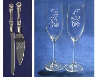 Set of 2 toasting glass and knife and cake server with Beauty and the Beast wedding theme Personalized