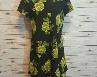 VIntage, 1980's, Black shift dress/ green rose print, Medium
