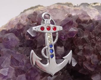 Retro 1950's Chrome Rhinestone Anchor Brooch Pin