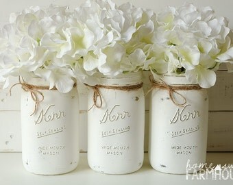 Mason Jar Vases Set of 3 | Chalk Painted Mason Jars | Distressed Rustic Vase | Bathroom Decor Bedroom Decor Kitchen Decor | Wedding Gift
