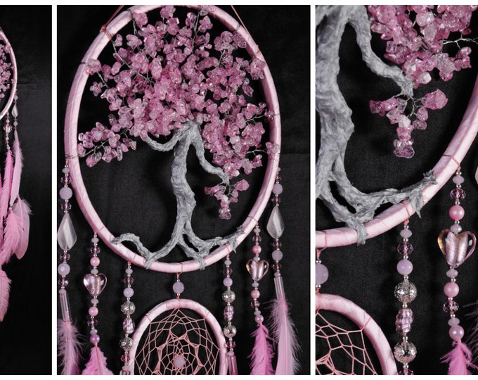 Pink Dream Catcher Tree of life Dreamcatcher quartz Dream сatcher pink quartz wall handmade pink gift Valentine's Day gift pink heart woman