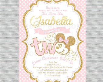 Pink and Gold Minnie Mouse Birthday Party Invitation First