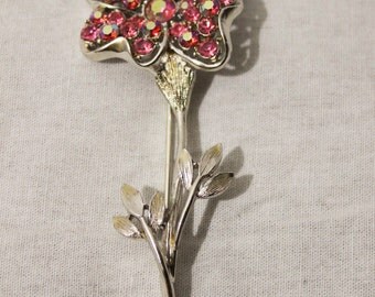 1950s Vintage Flower Brooch with Pink Aurora Borealis Crystals
