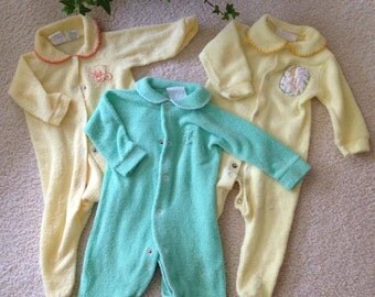 Vintage Newborn Footed  Stretch Terry Sleeper (Romper) LOT of 3,  Yellow, Green (1980's)