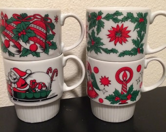 Vintage Christmas stackable mugs marked SY Japan