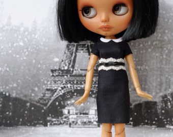 Black dress with white detail for Blythe doll or similar bodies